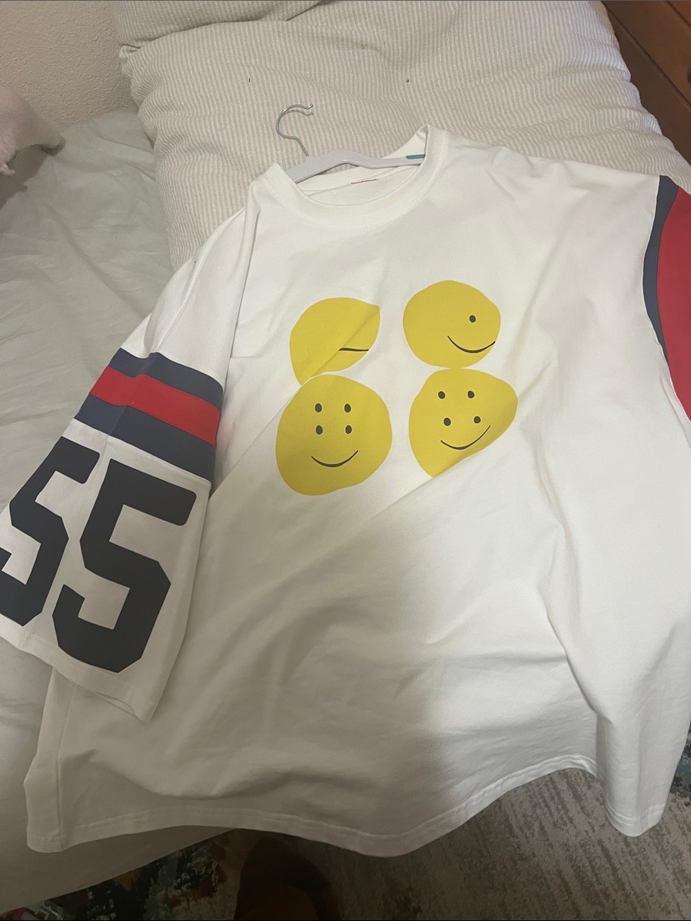 Kapital White Short-Sleeve Tee with Yellow Smiley Fruit and Navy/Red Accents